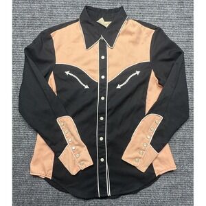 Scully Shirt Womens Small Black Tan Western Pearl Snap Long Neck Lanes Bowling